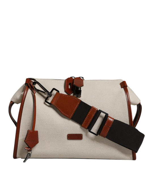 Beige Brown Cotton Leather Duffle Shoulder Bag