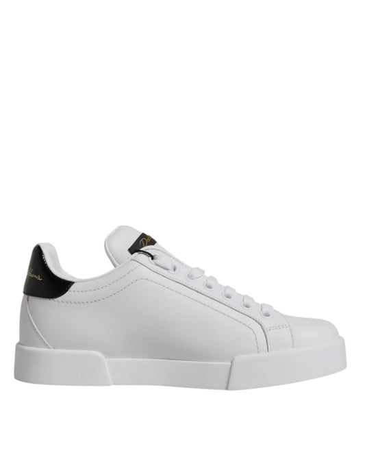 White Black Leather Low Top Sneakers Shoes