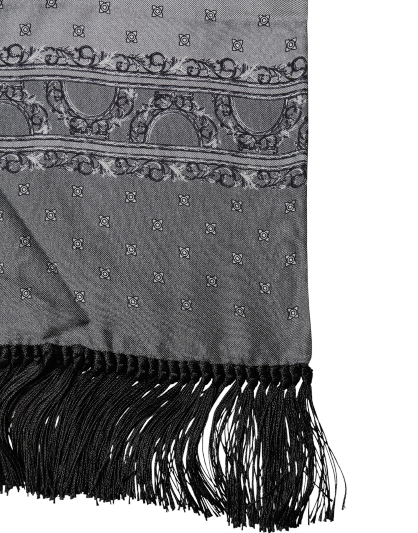 Gray Patterned Fringes Neck Foulard Scarf