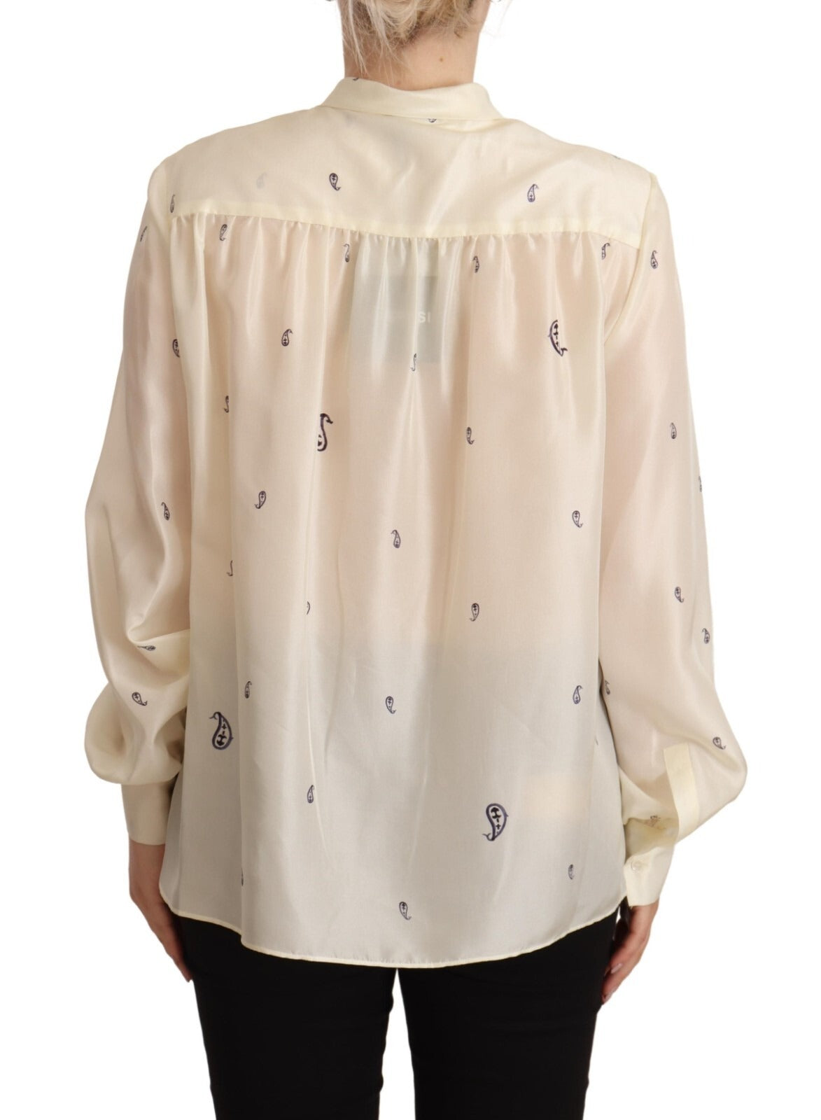 Off White 100% Silk Long Sleeves Collared Top Blouse
