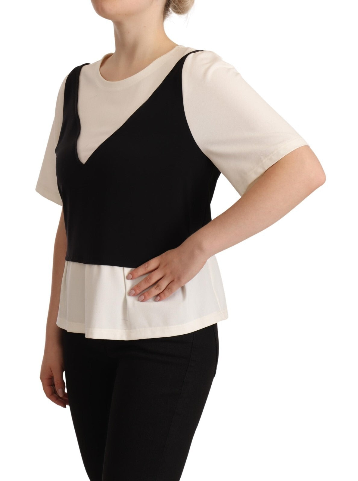 Black White Polyester Short Sleeves Top Blouse