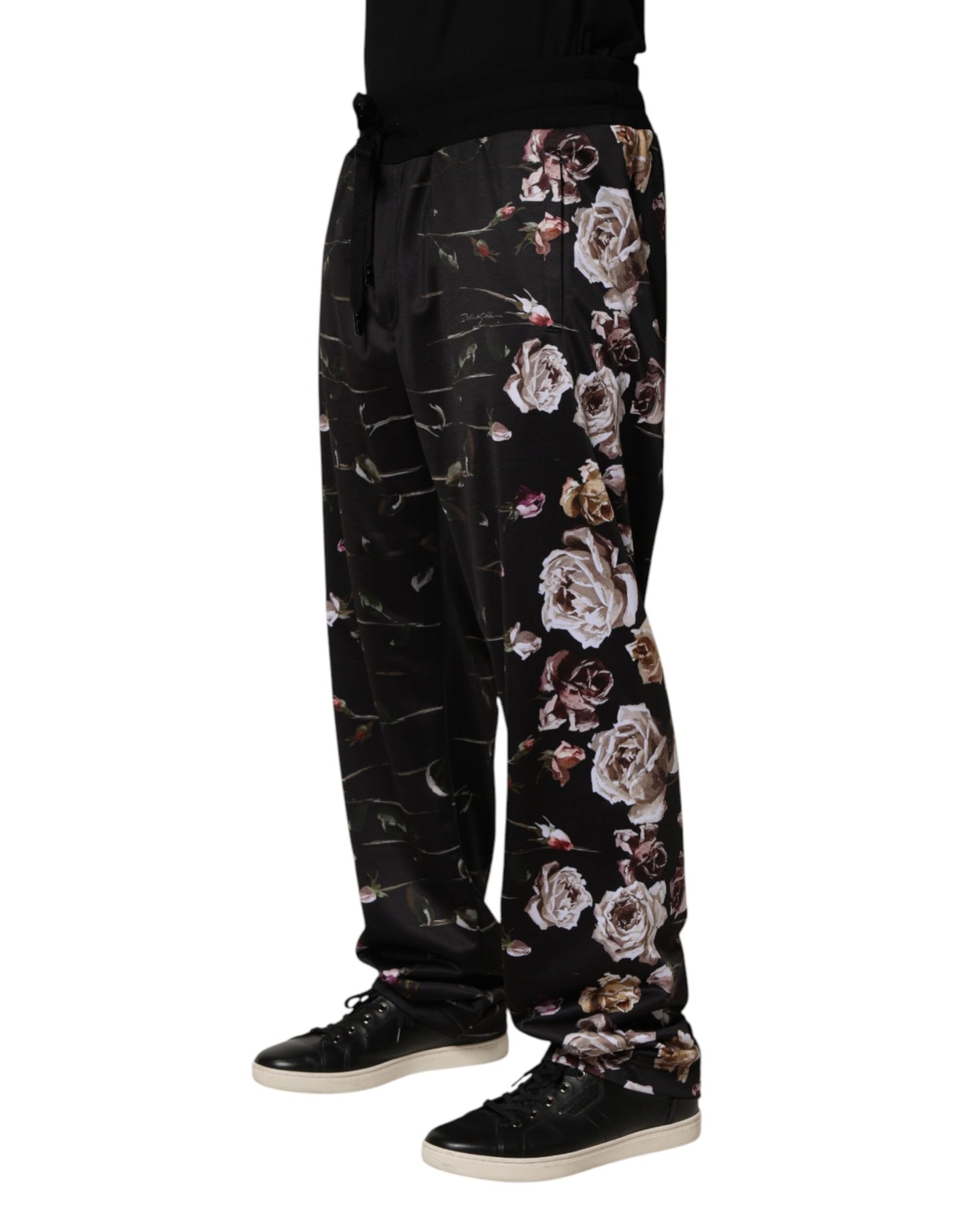 Black Floral Straight-Leg Chino Trouser Pants
