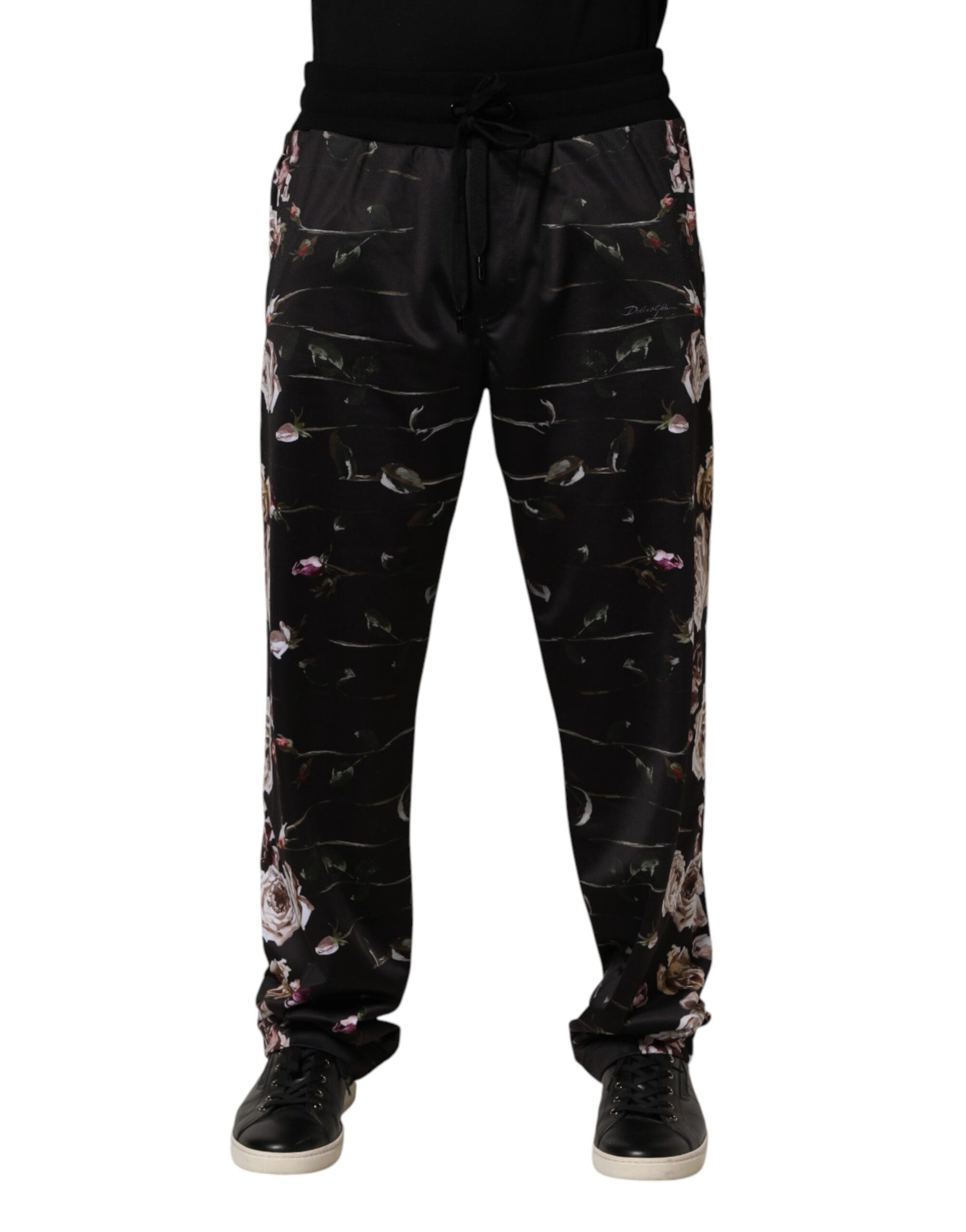 Black Floral Straight-Leg Chino Trouser Pants
