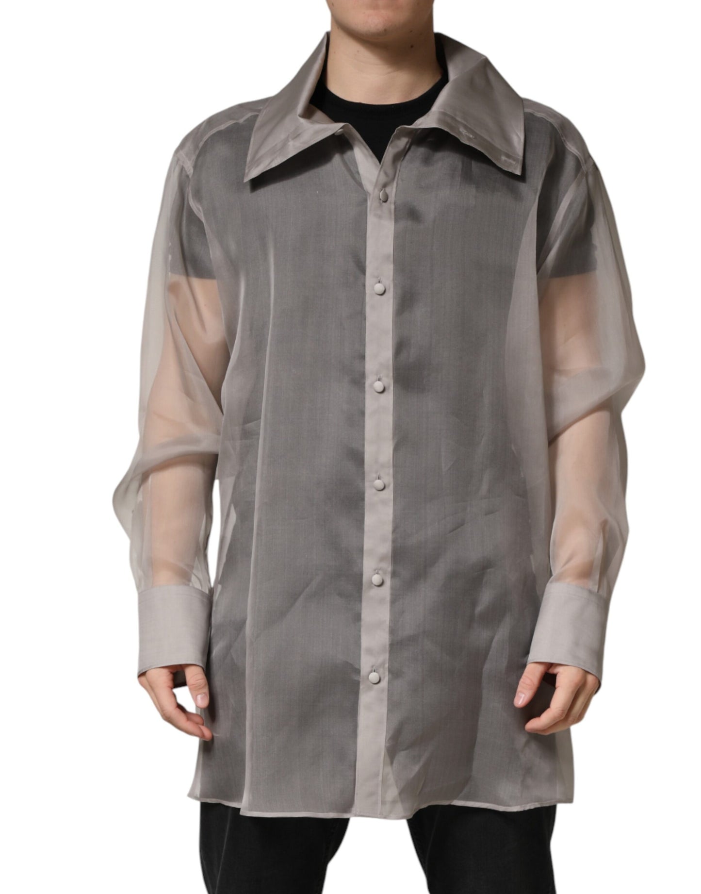 Gray Sheer Silk Button Front Men Dress Shirt