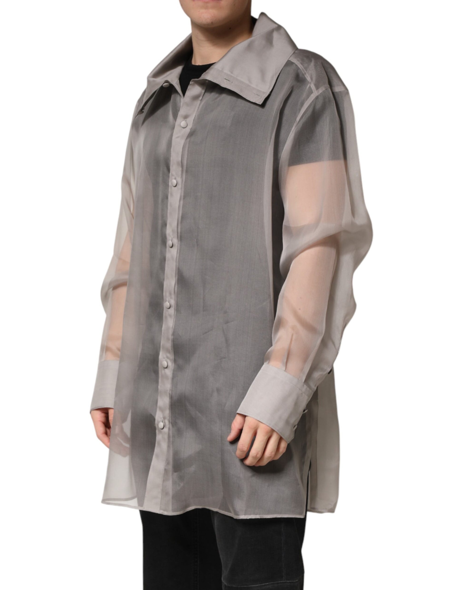 Gray Sheer Silk Button Front Men Dress Shirt
