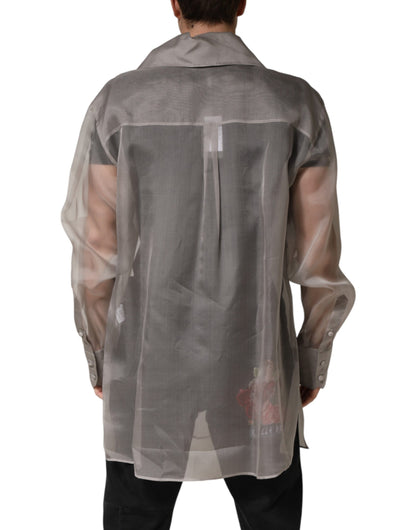 Gray Sheer Silk Button Front Men Dress Shirt