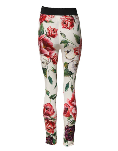White Floral Leggings Stretch Waist Pants