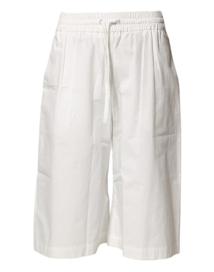 White Cotton High Waist Wide Leg Straight Bermuda Shorts