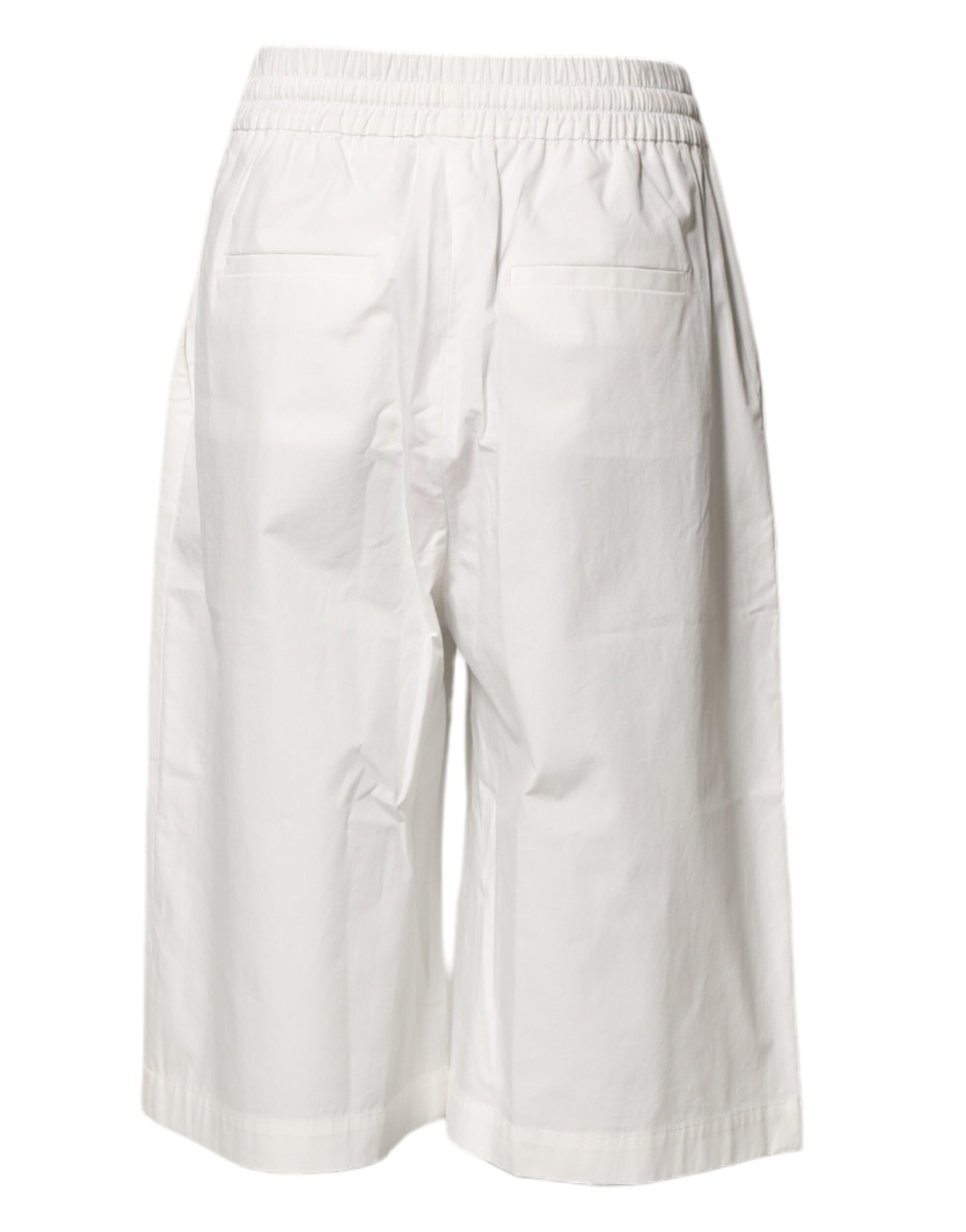 White Cotton High Waist Wide Leg Straight Bermuda Shorts