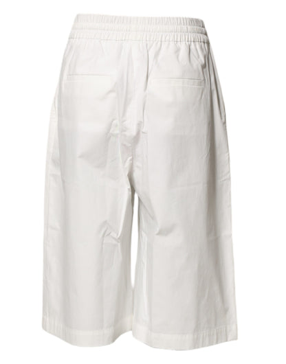 White Cotton High Waist Wide Leg Straight Bermuda Shorts