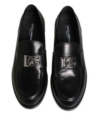 Black Leather DG Plaque Loafers Dress Shoes