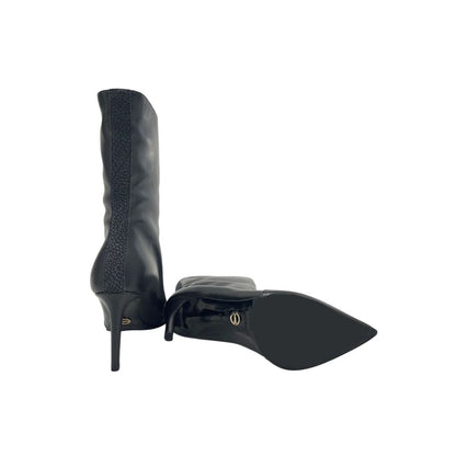 Black Leather Women Boot with Stiletto Heel