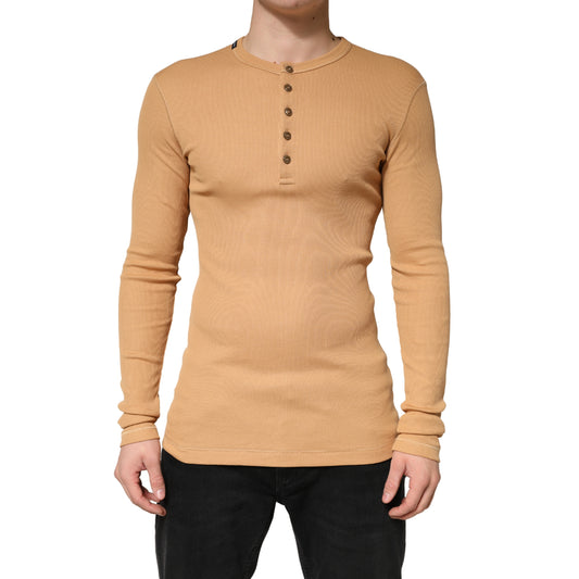 Camel Ribbed Cotton Long Sleeve Henley Sweater