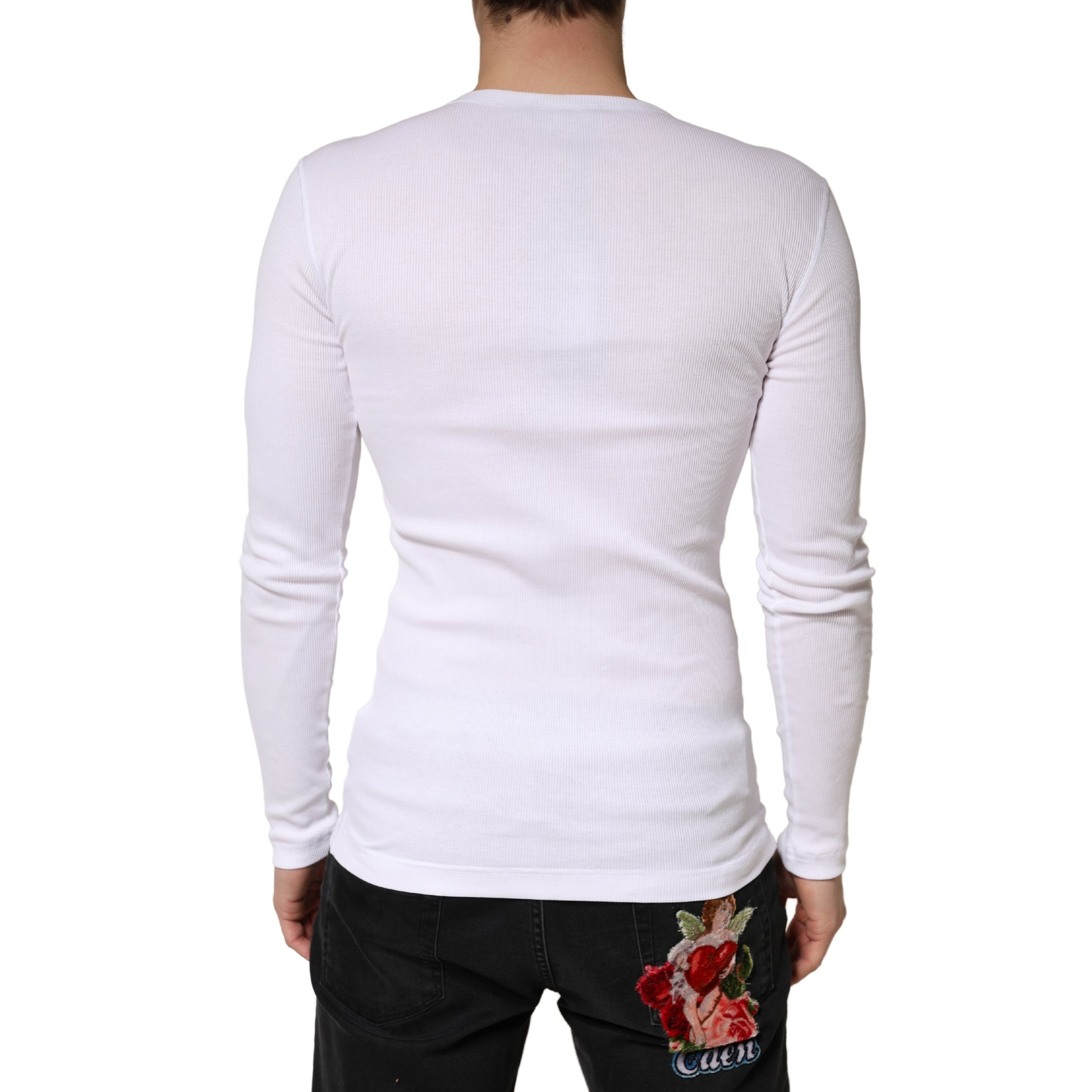 White Ribbed Cotton Long Sleeve Henley Sweater