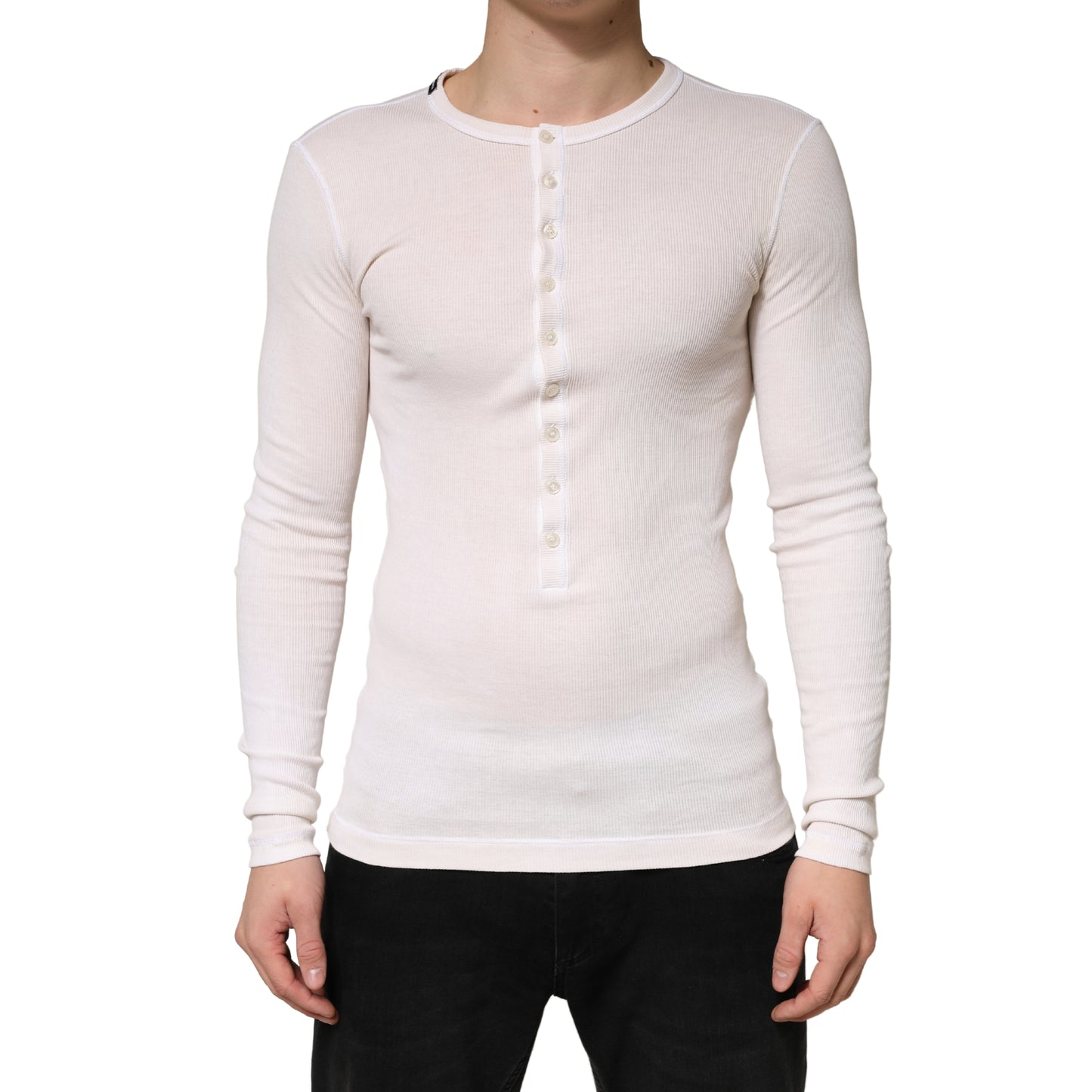 Ivory Ribbed Cotton Long Sleeve Henley Sweater