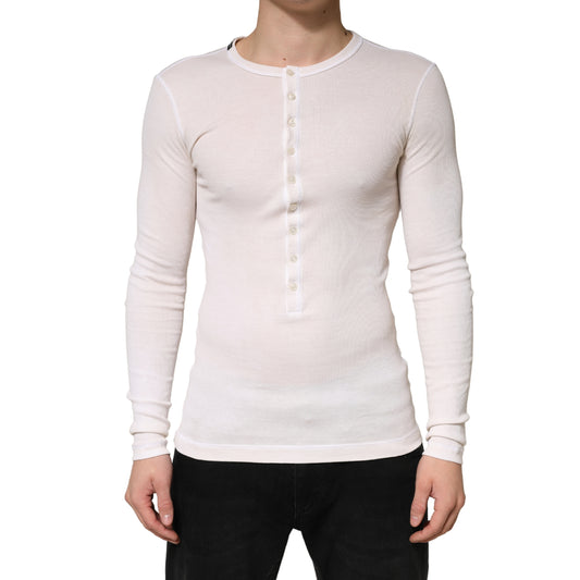 Ivory Ribbed Cotton Long Sleeve Henley Sweater