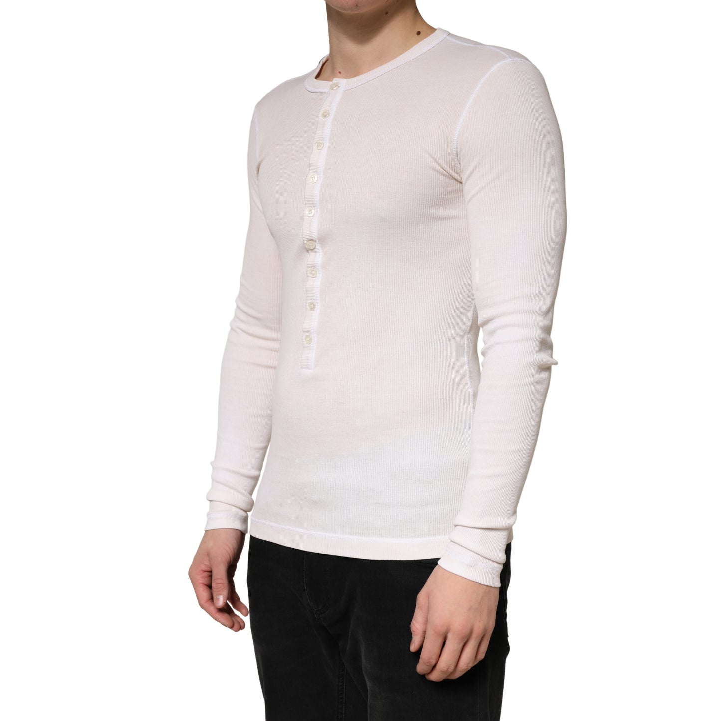 Ivory Ribbed Cotton Long Sleeve Henley Sweater
