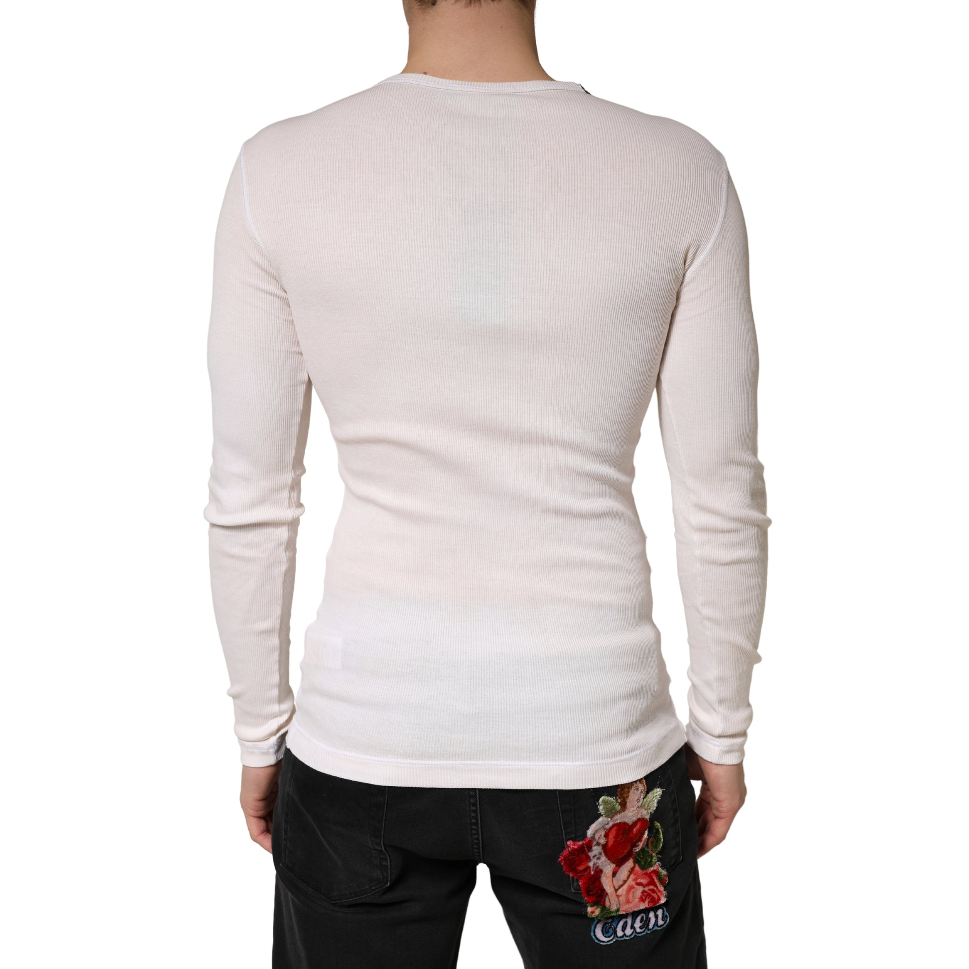 Ivory Ribbed Cotton Long Sleeve Henley Sweater