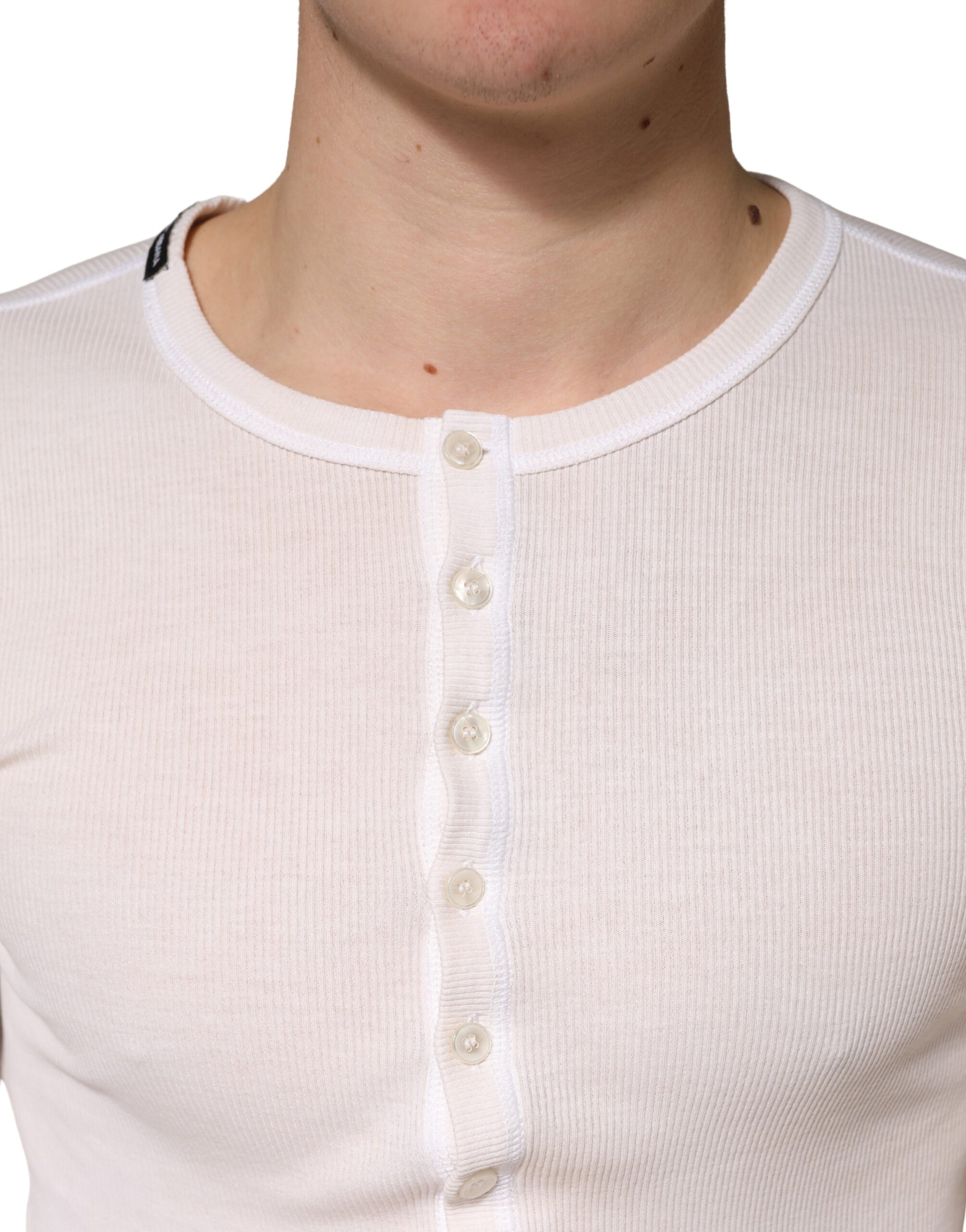 Ivory Ribbed Cotton Long Sleeve Henley Sweater