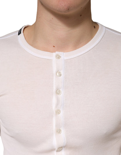 Ivory Ribbed Cotton Long Sleeve Henley Sweater