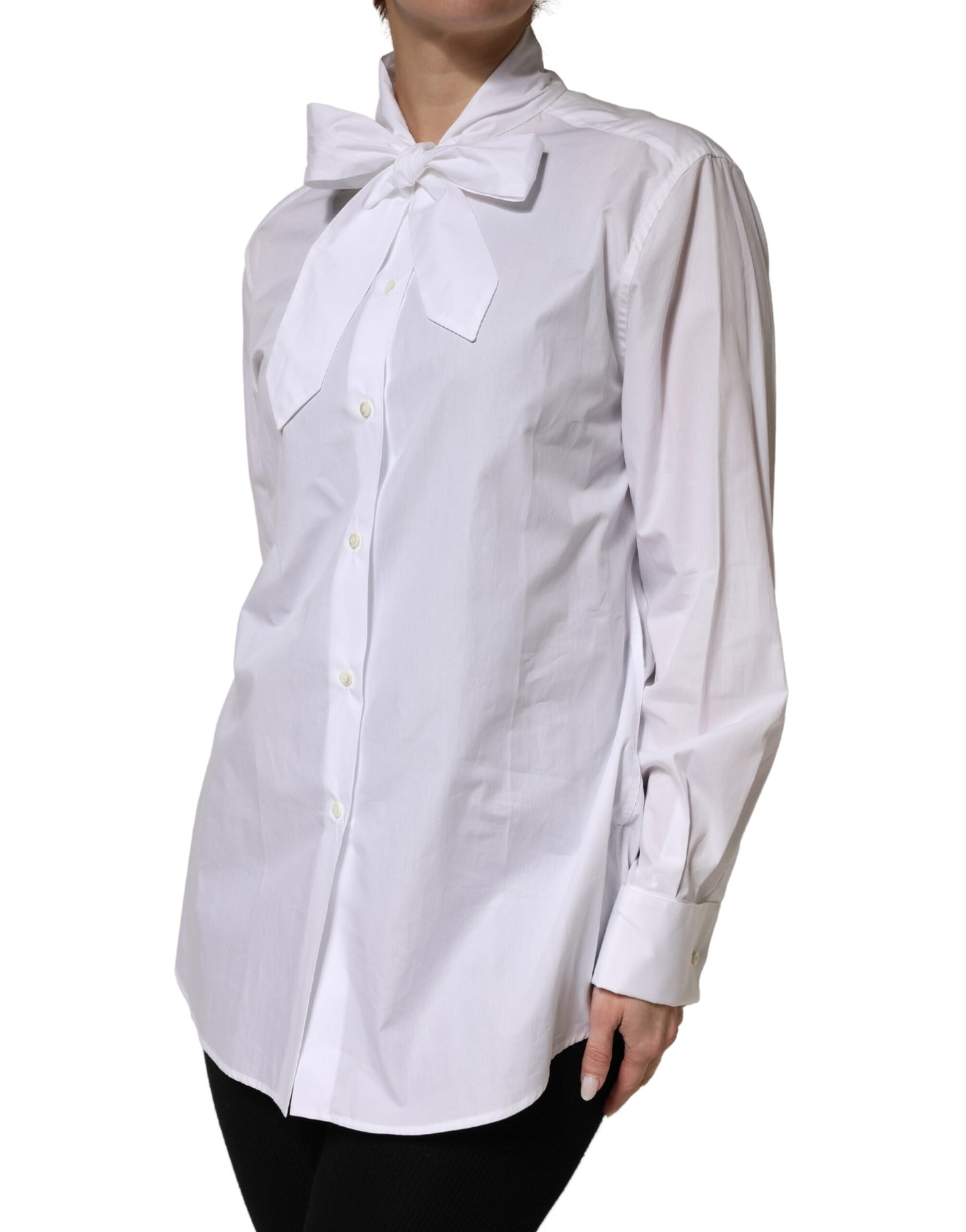 White Cotton Bow Tie Long Sleeves Blouse Top
