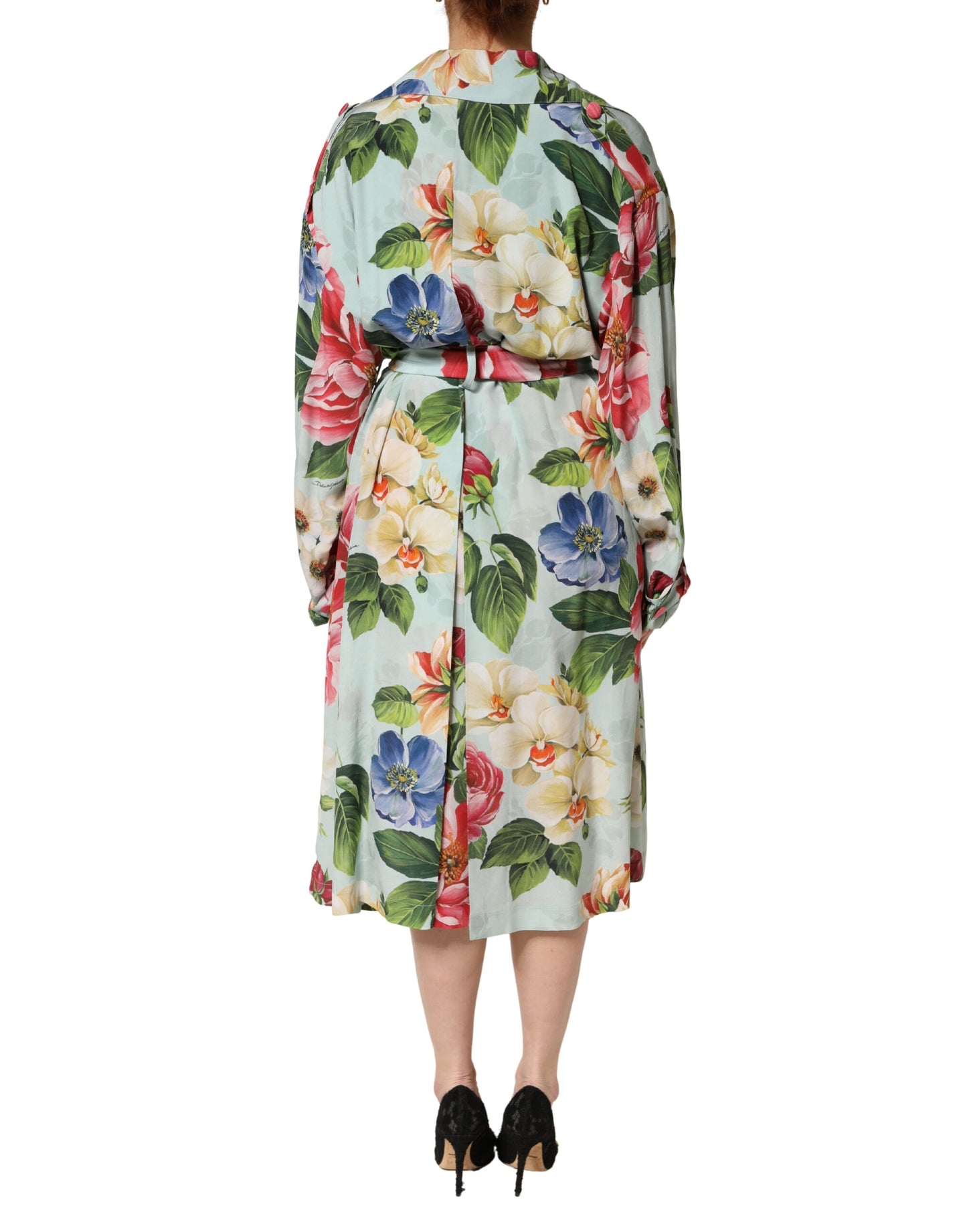 Green Floral Silk Wrap Midi Long Sleeve Dress
