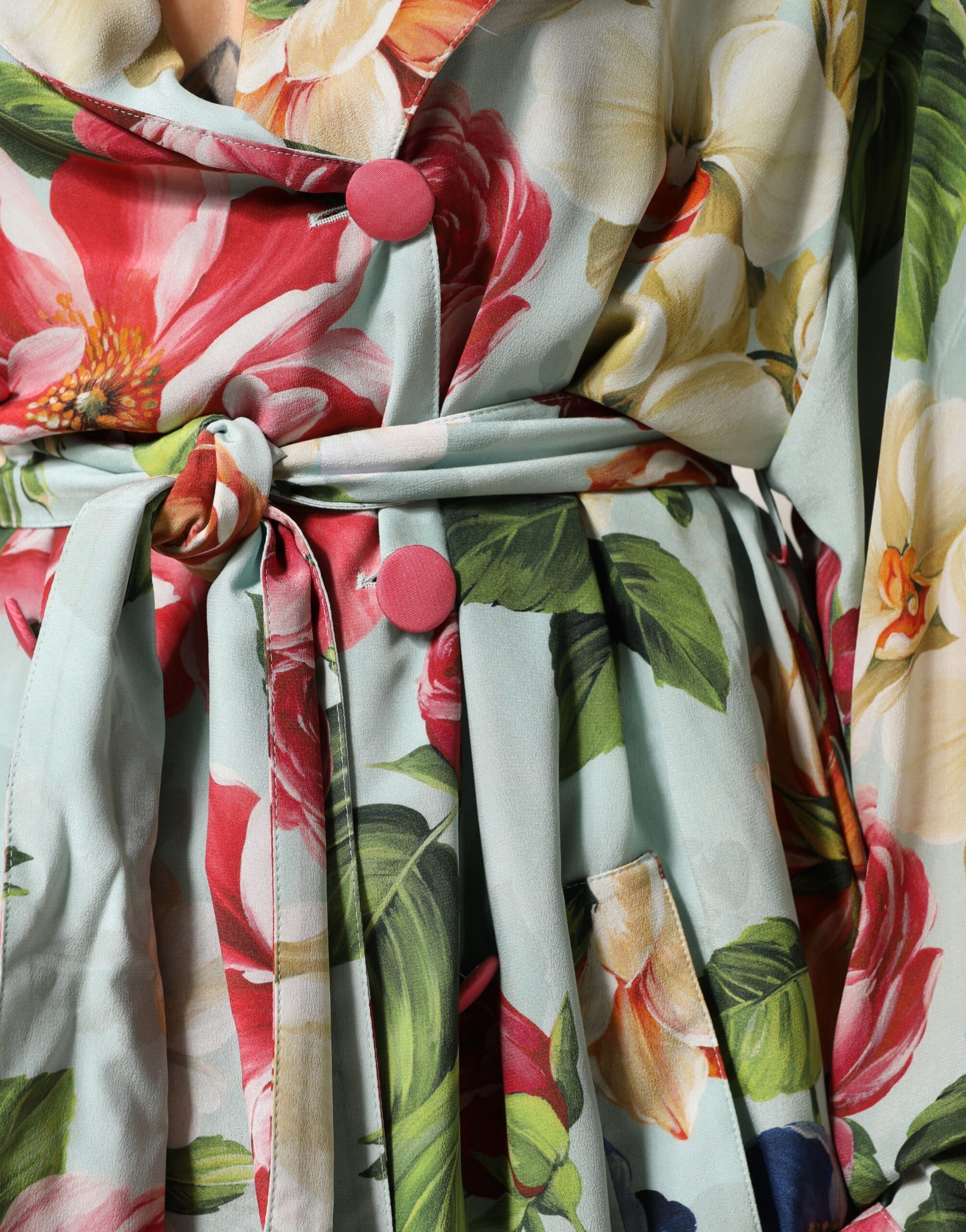 Green Floral Silk Wrap Midi Long Sleeve Dress