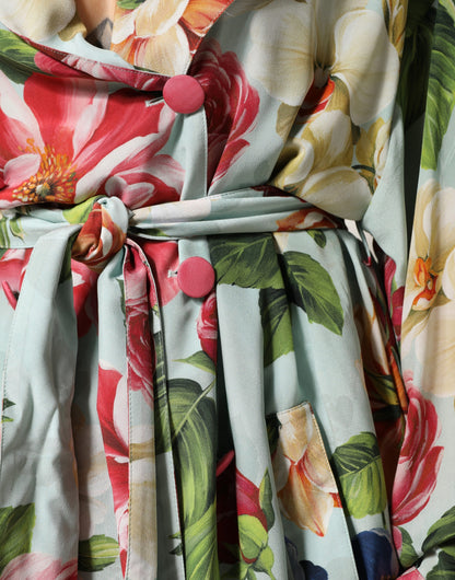 Green Floral Silk Wrap Midi Long Sleeve Dress