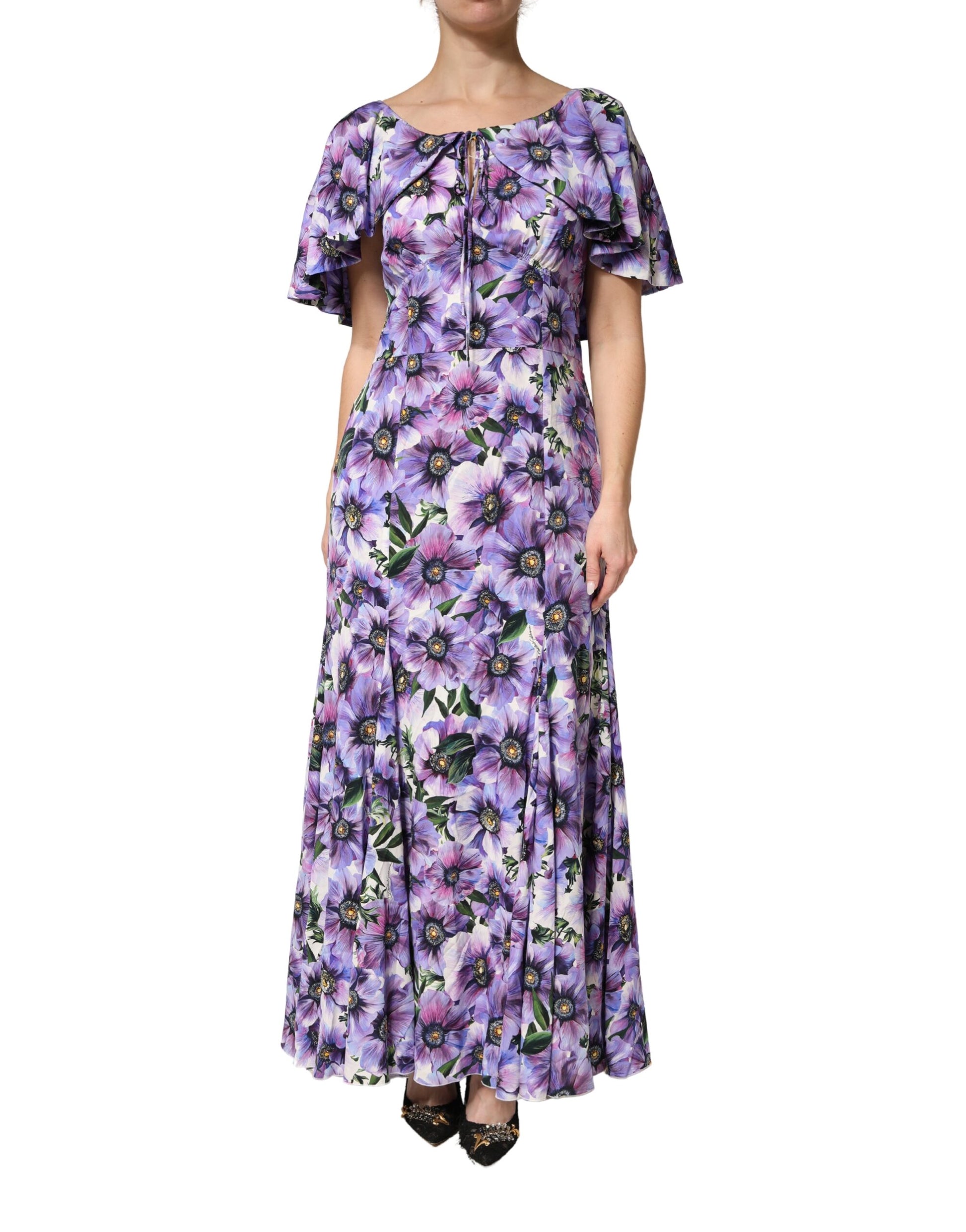 Purple Floral Silk Stretch Elegant Gown  Dress