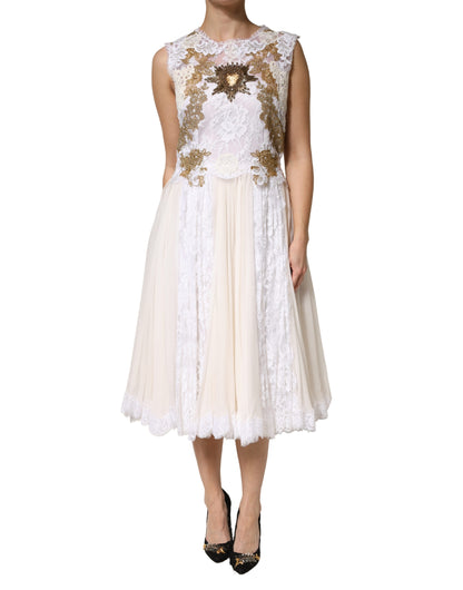 Ivory Lace Silk Embellished Sleeveless  Dress