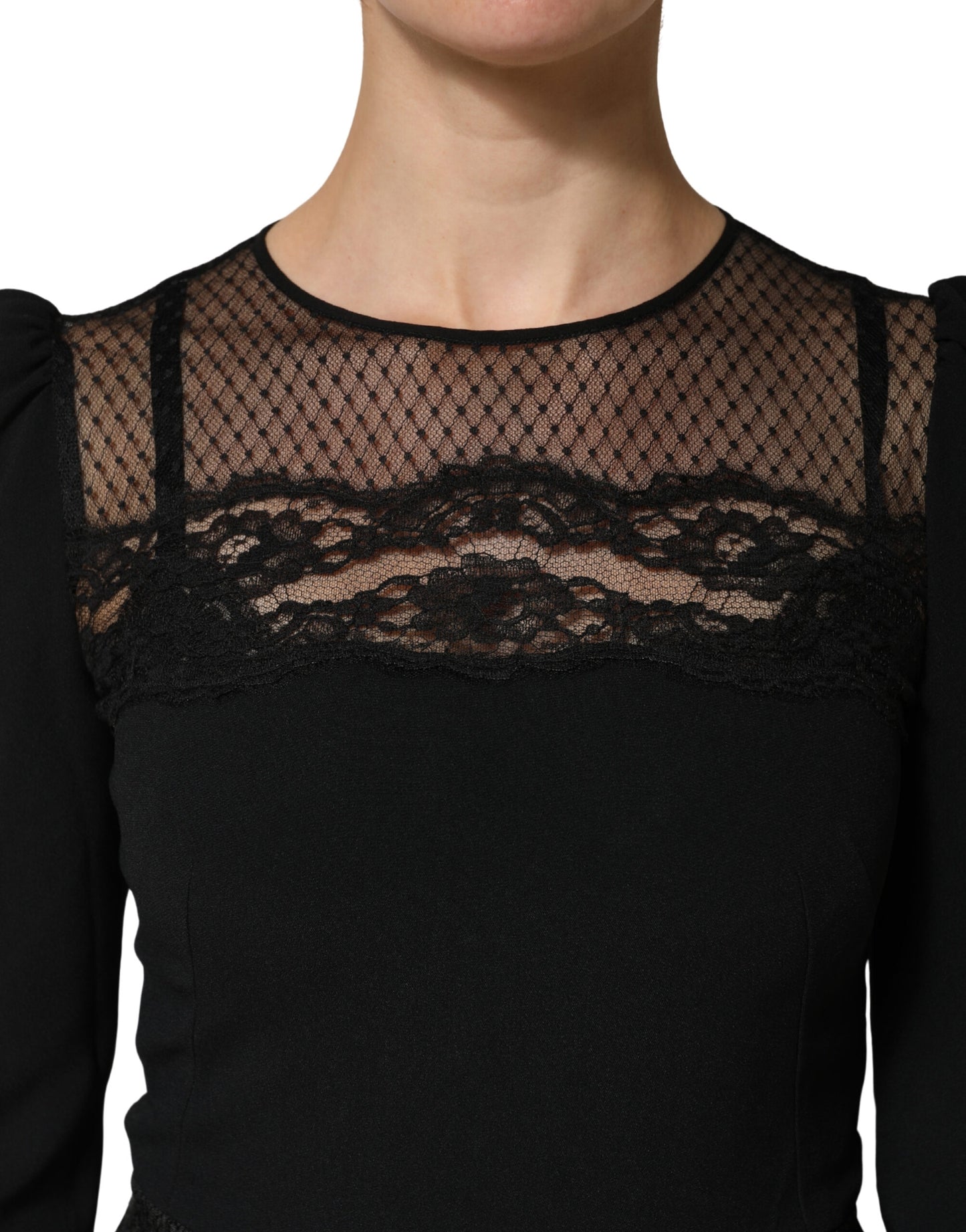 Black Lace Sheer Panel Midi Long Sleeve  Dress