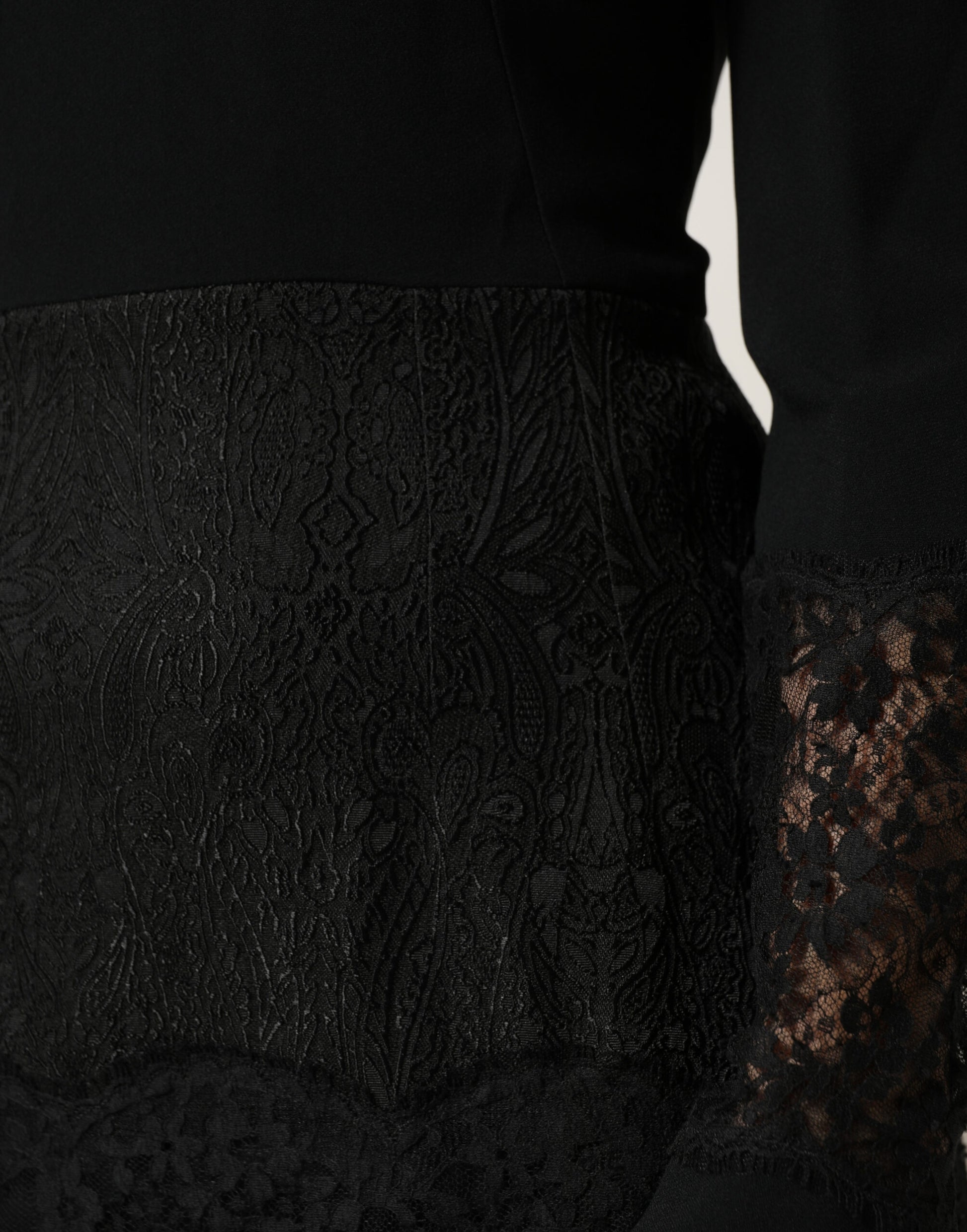 Black Lace Sheer Panel Midi Long Sleeve  Dress