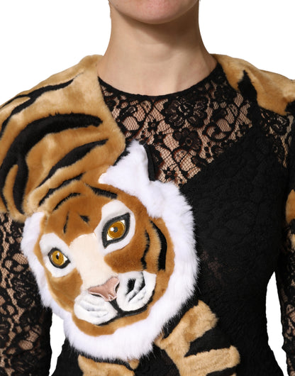 Black Lace Faux Fur Tiger Appliqué Sheath Dress