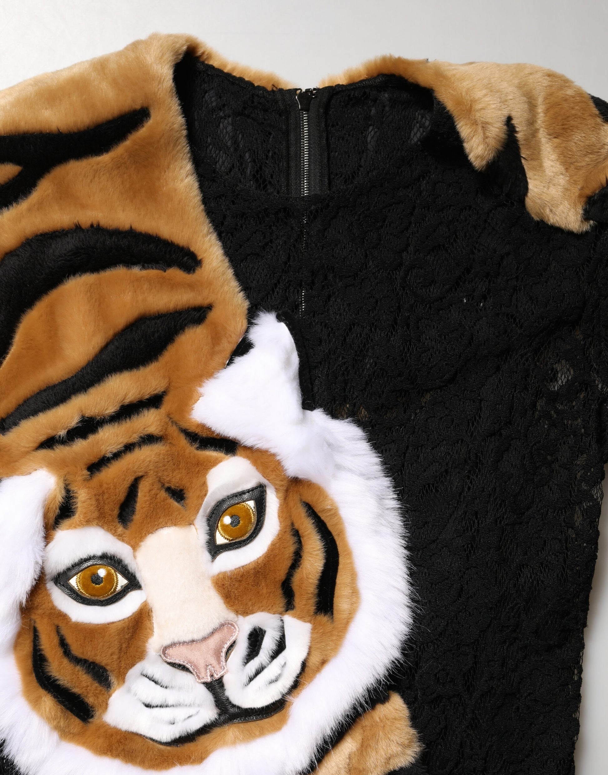 Black Lace Faux Fur Tiger Appliqué Sheath Dress