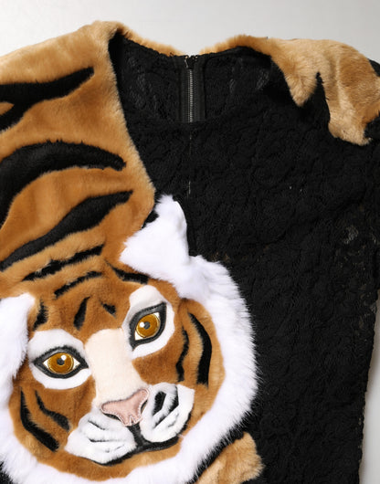 Black Lace Faux Fur Tiger Appliqué Sheath Dress
