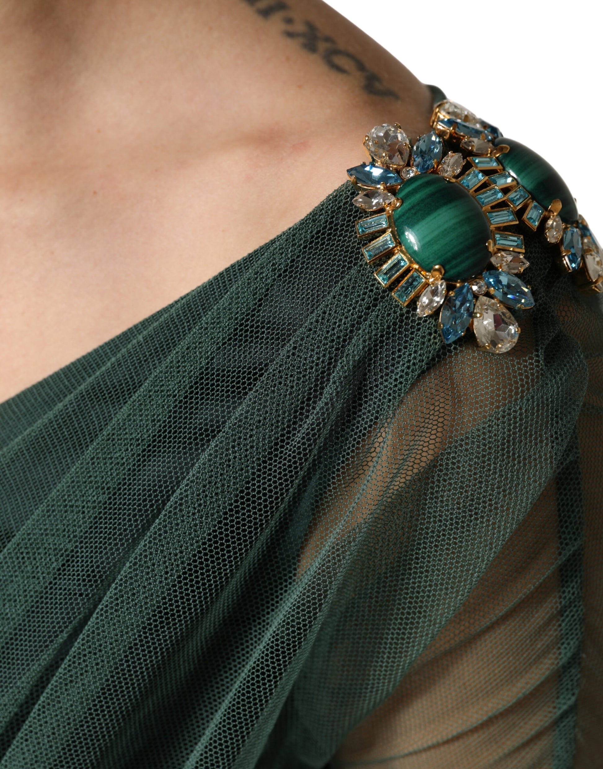 Green Ruched Mesh Sheer Sleeves Midi Dress