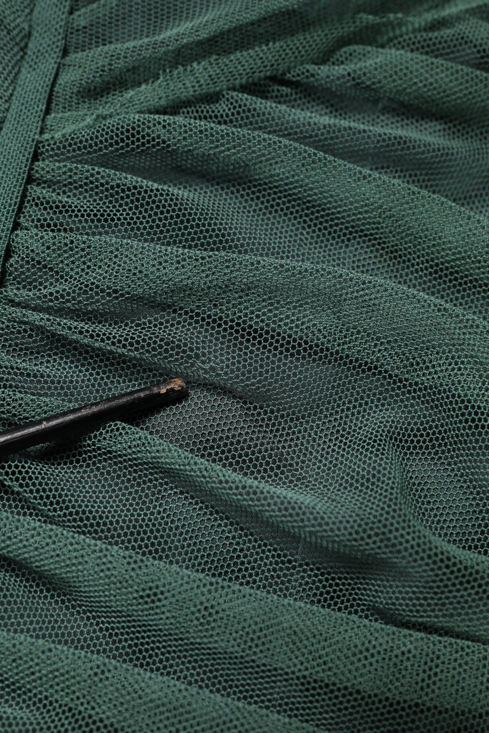 Green Ruched Mesh Sheer Sleeves Midi Dress