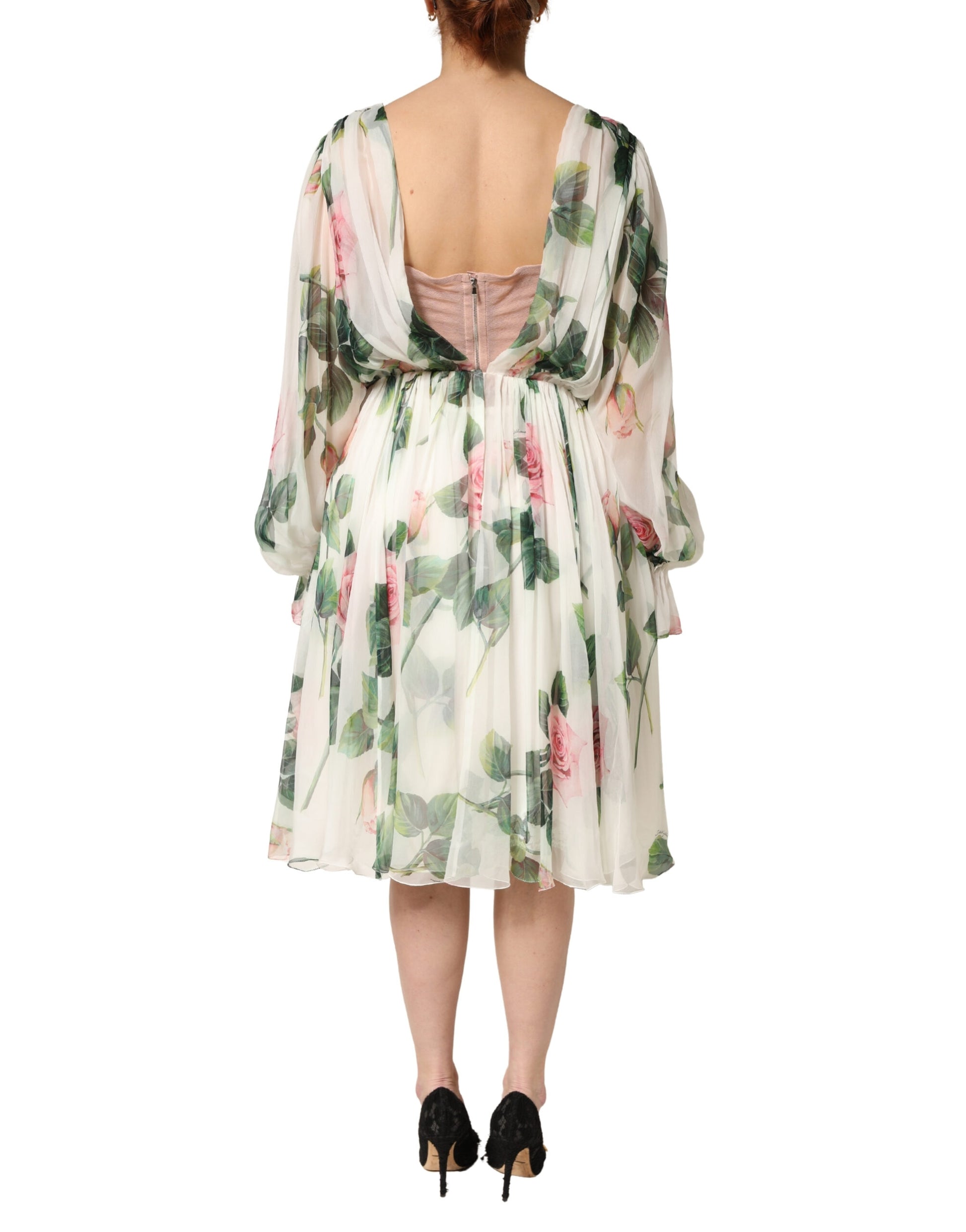 Floral Rose Ivory Silk Blend Longsleeve Dress