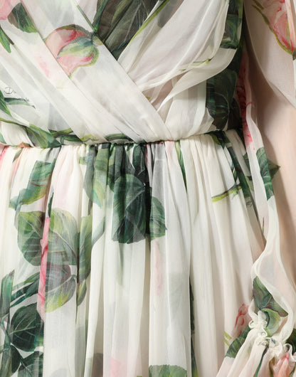 Floral Rose Ivory Silk Blend Longsleeve Dress