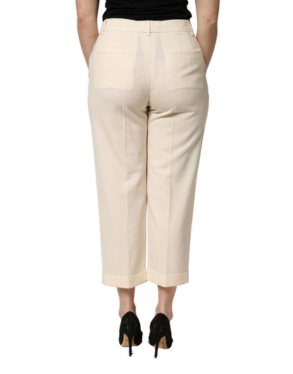 Ivory Wool Mid Waist Cropped Trouser Pants