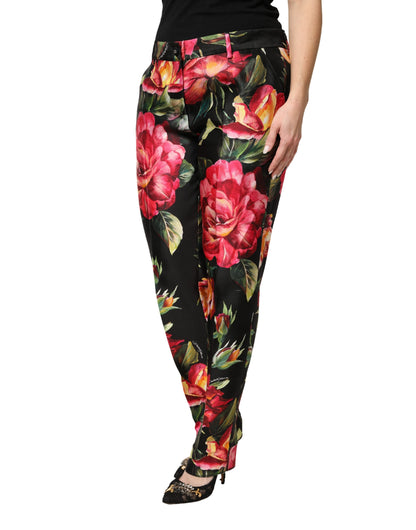 Black Floral Silk Mid Waist Tailored Trousers Pants