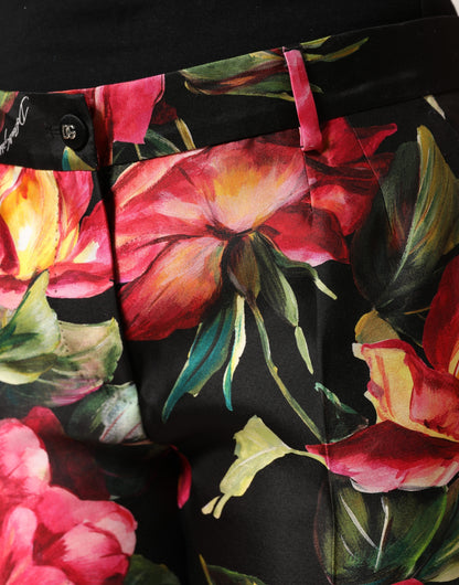 Black Floral Silk Mid Waist Tailored Trousers Pants