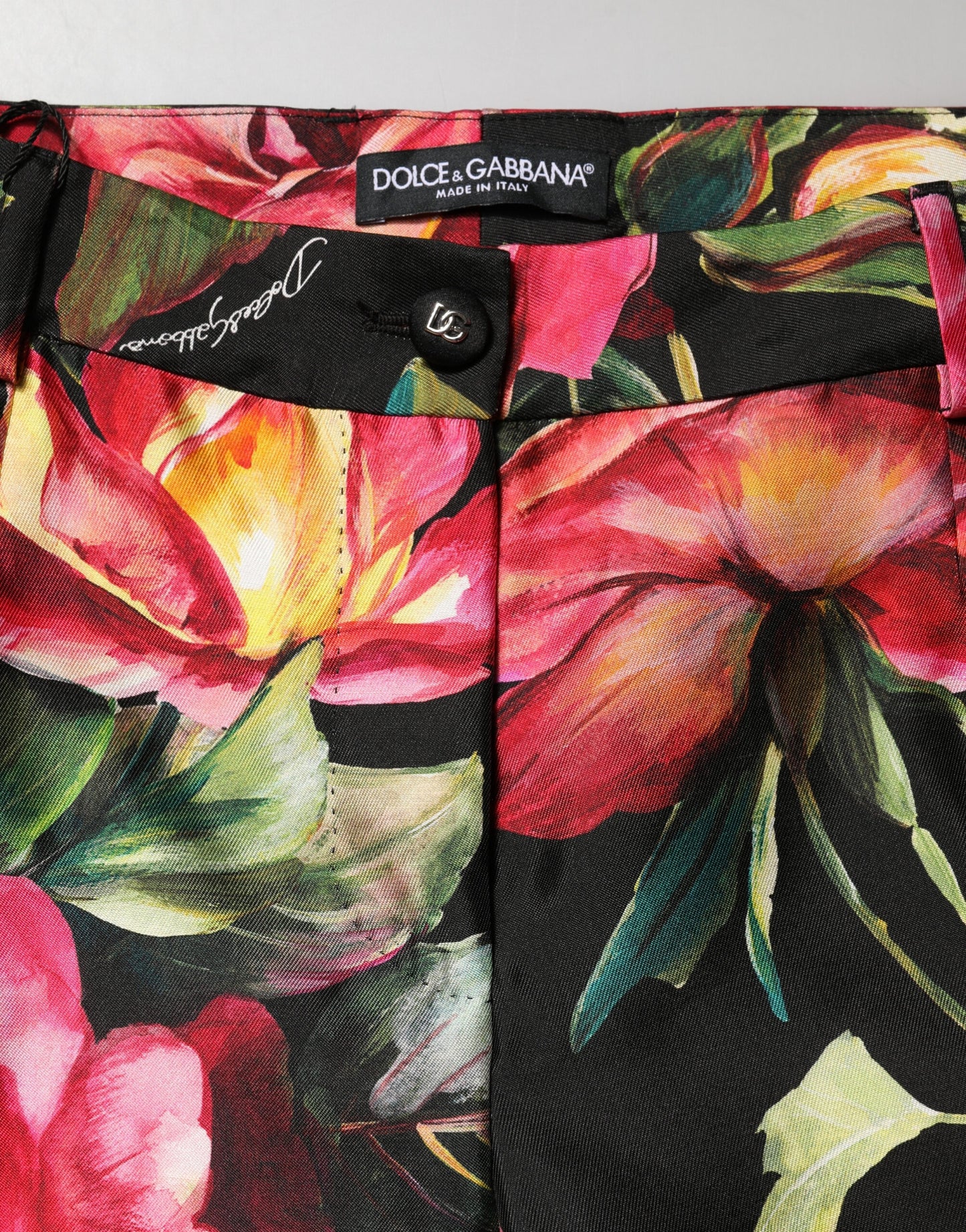 Black Floral Silk Mid Waist Tailored Trousers Pants