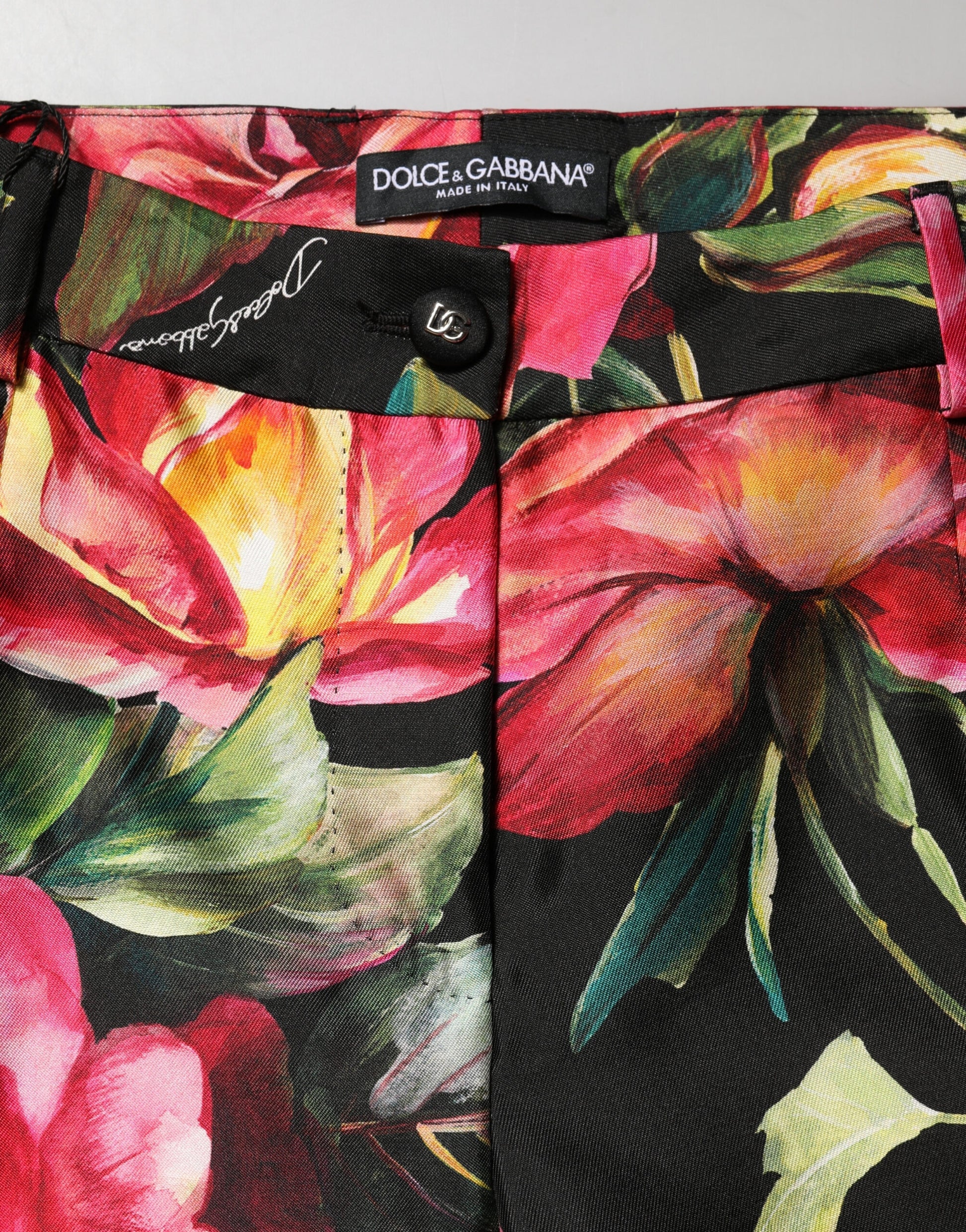 Black Floral Silk Mid Waist Tailored Trousers Pants