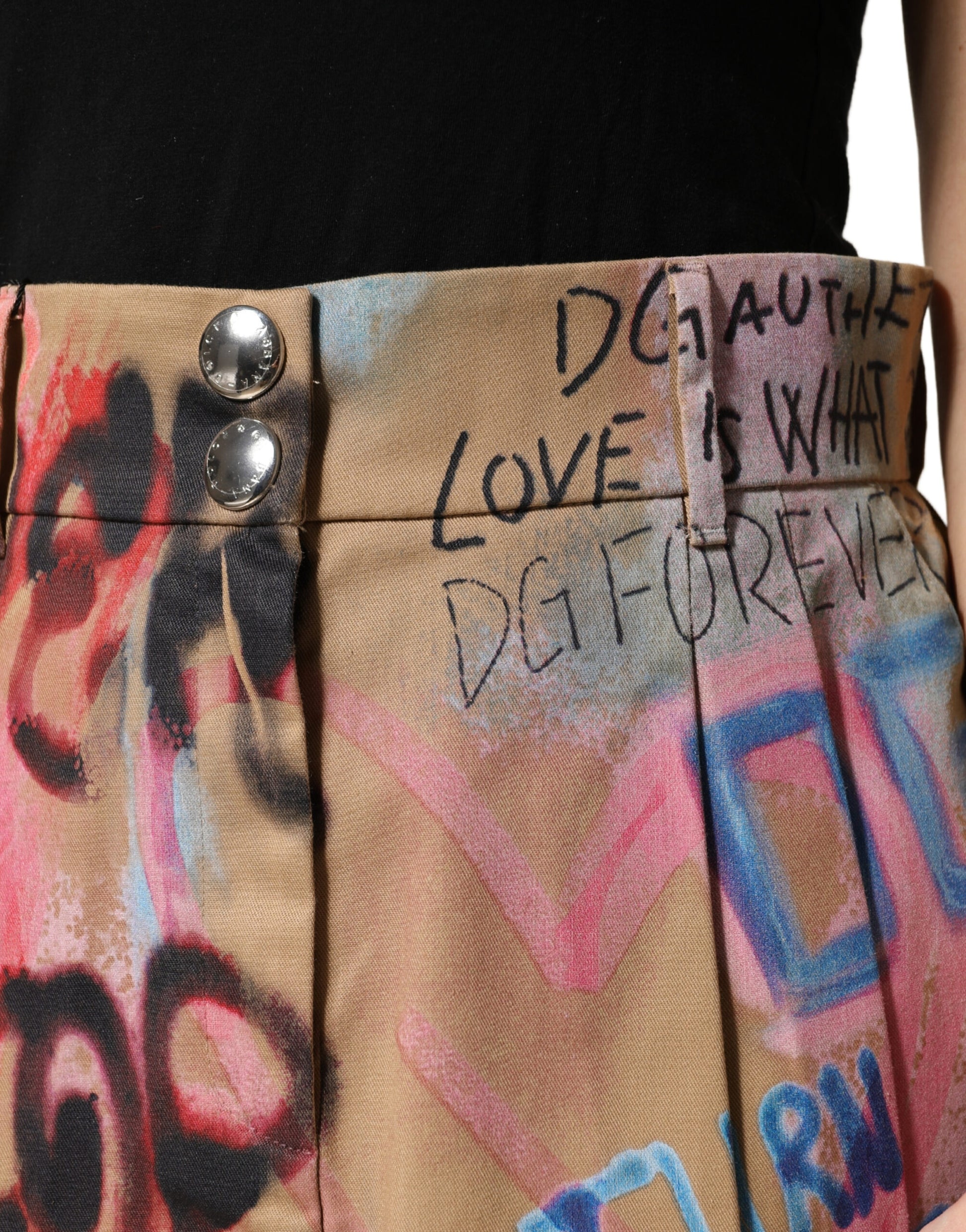 Beige Graffiti Print Cotton Blend Mini Skirt