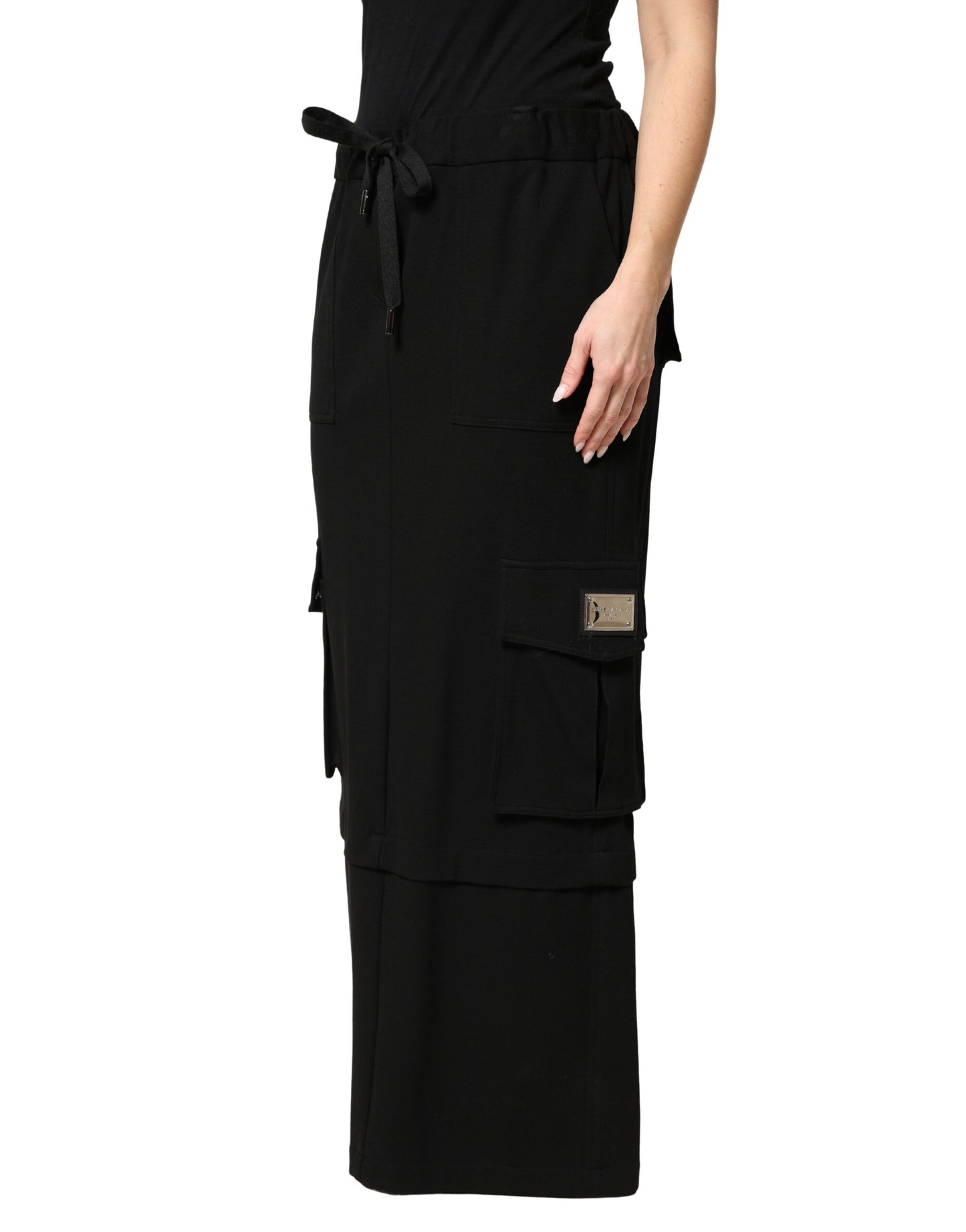 Black Cotton Drawstring Long Maxi Cargo Skirt