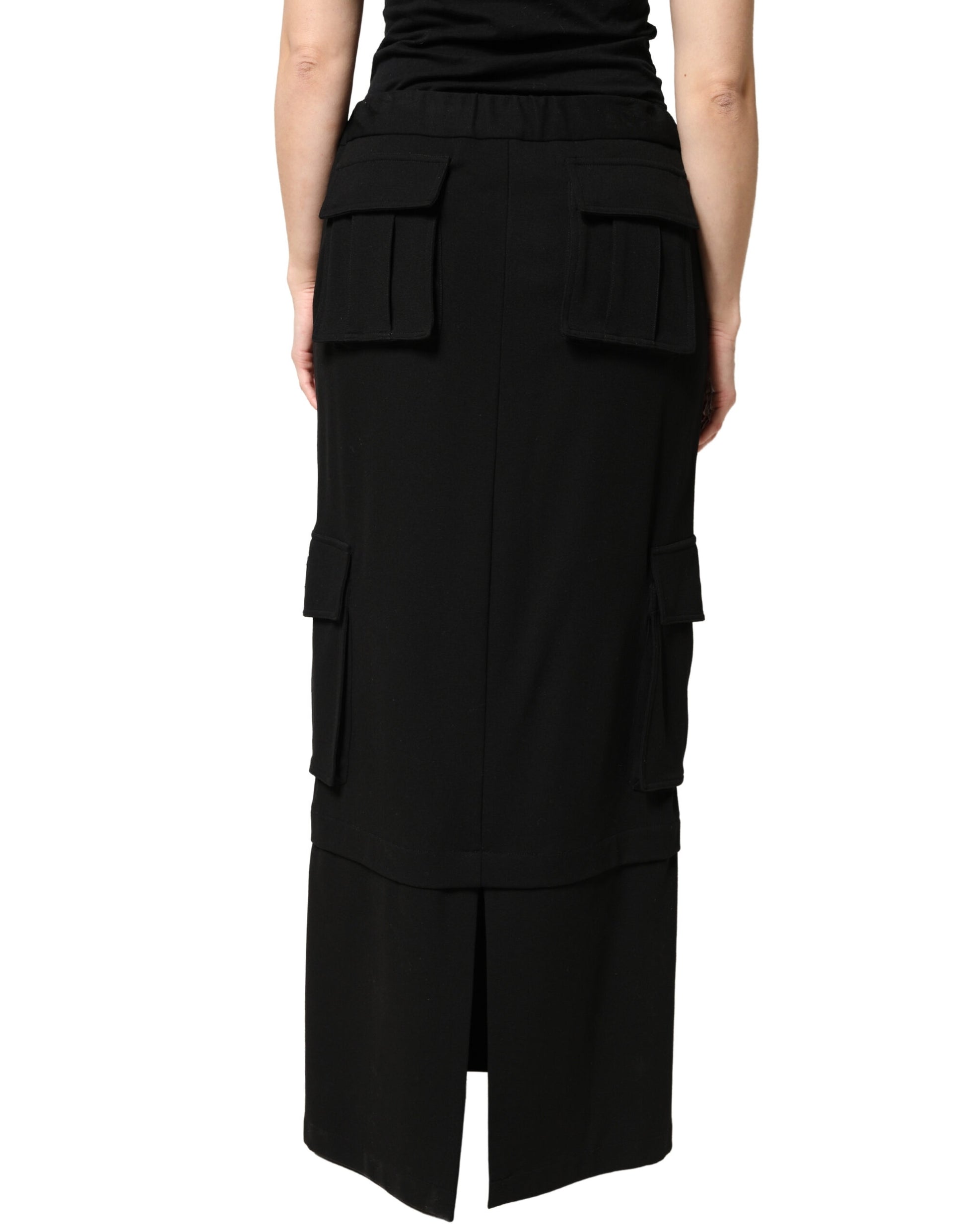 Black Cotton Drawstring Long Maxi Cargo Skirt