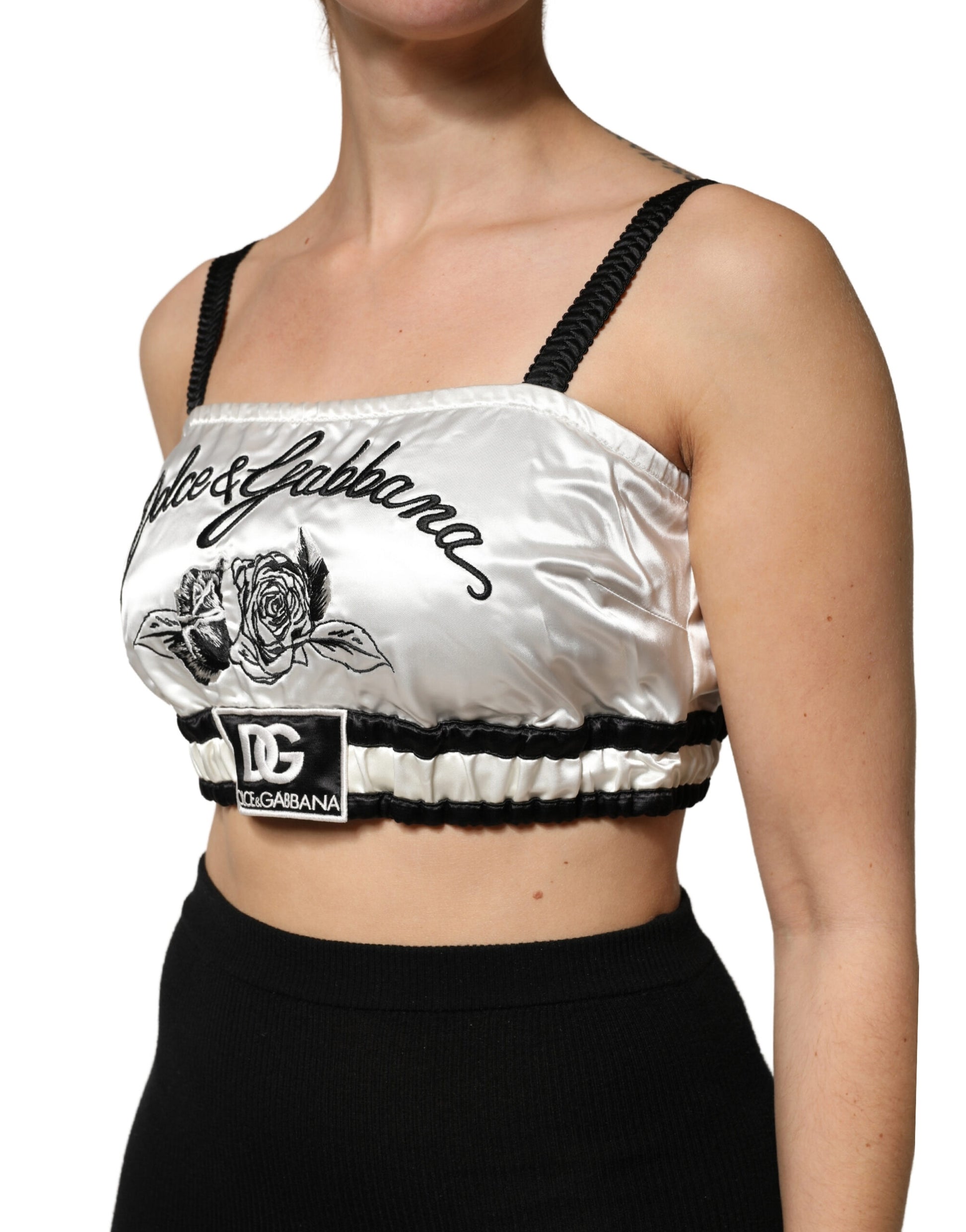 White Silk Satin Crop Black Logo Bralette Top