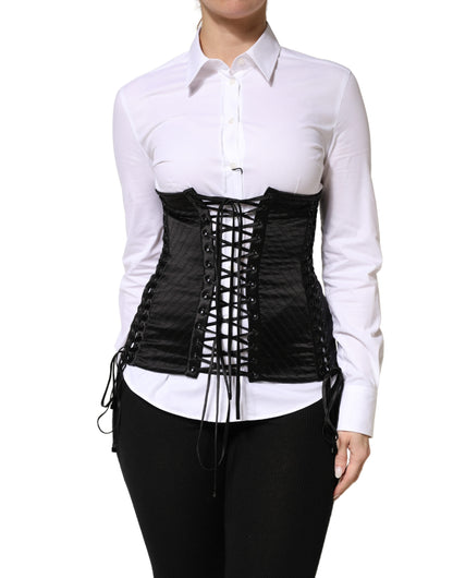 Black Silk Lace-Up Waist Cincher Corset Top