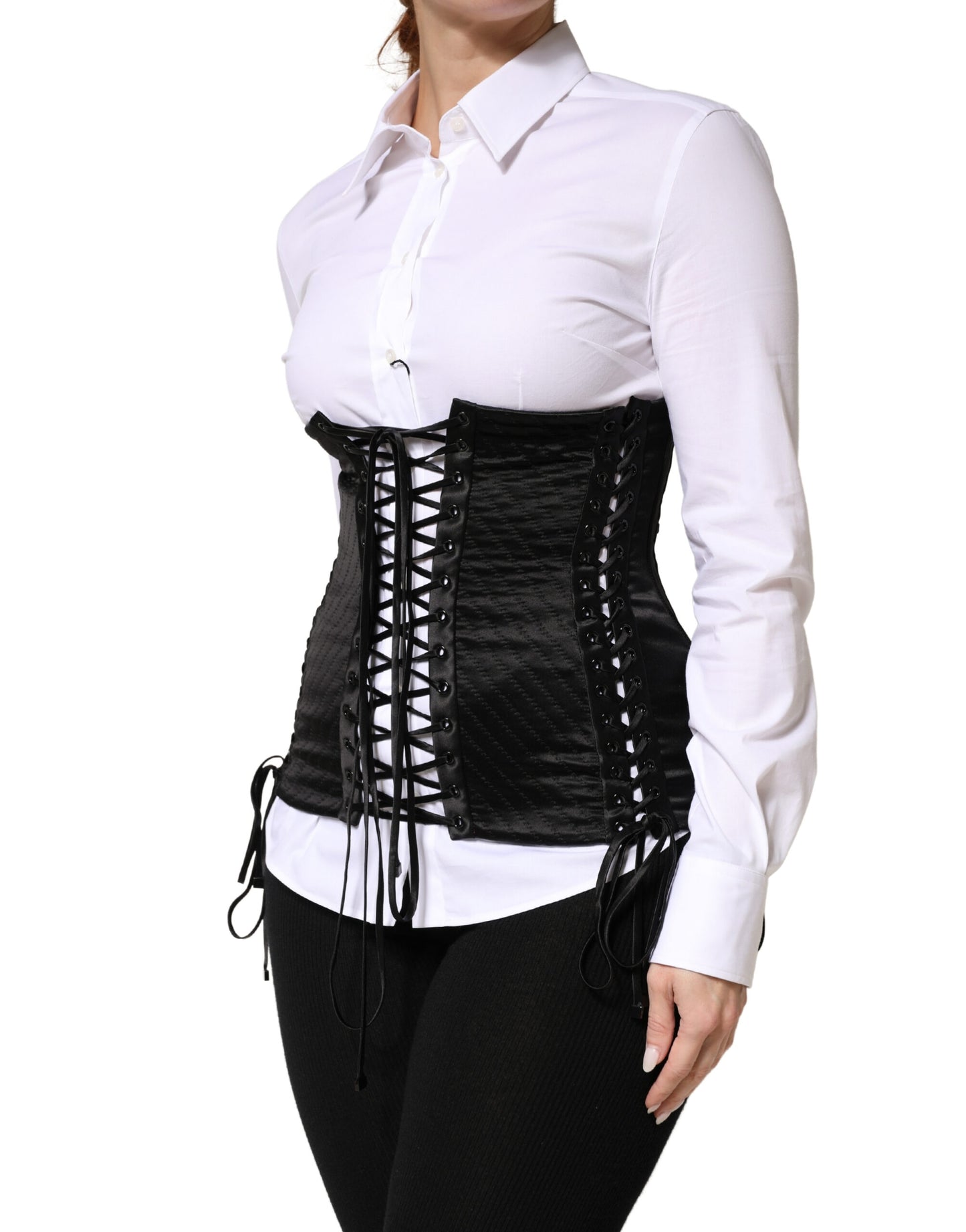 Black Silk Lace-Up Waist Cincher Corset Top